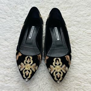 Manolo Blahnik Black Flats with Gold & Bronze Embroidery size EU 37.5 US 7